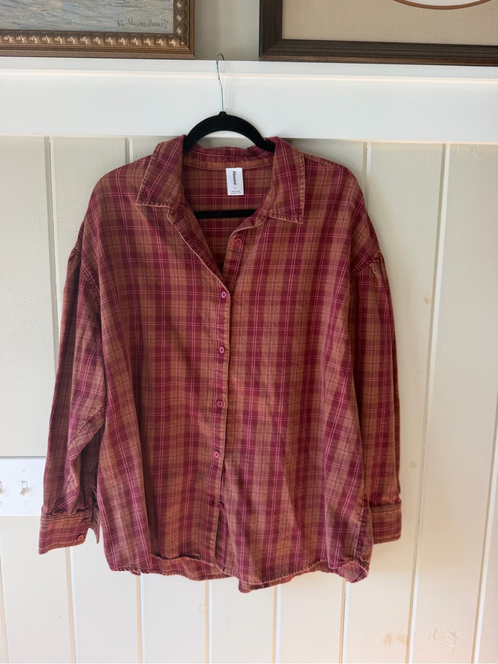 Abound Women’s Maroon Red & Tan Plaid Button-Down Shirt, Size Large